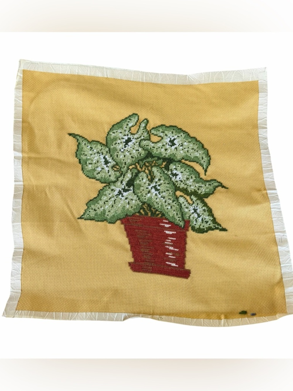 VTG Potted Caladium Plant Completed Needlepoint Canvas Yellow Background 17x17